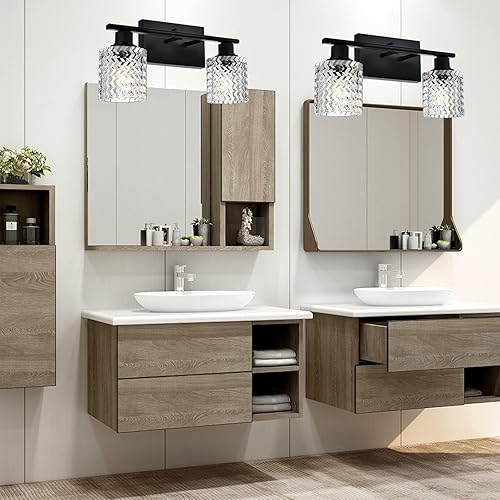 Miniatura 2 de Luces de tocador de 2 luces para baño, aplique de pared negro, accesorios de iluminación de baño con pantalla de vidrio martillado transparente,
