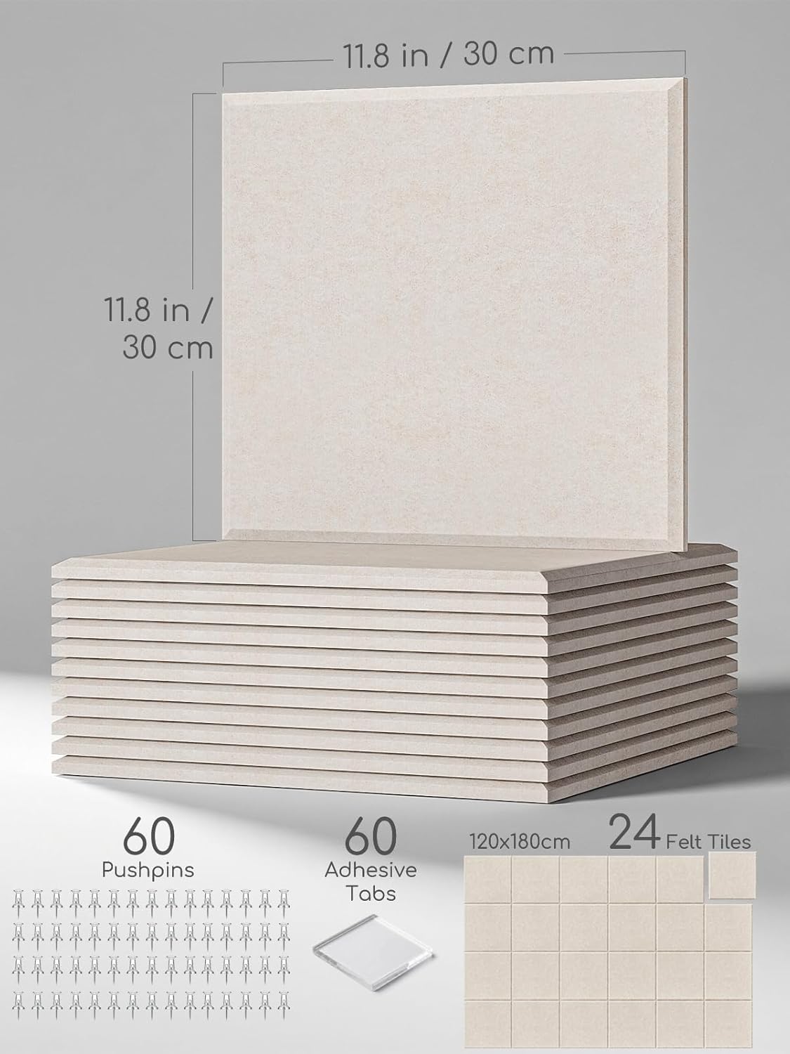 Lightomorrow 0.47" Thick Felt Pin Board Tiles, 24 Pack 11.8 x 11.8 in Bulletin Board Wall Decor, Cork Board Alternative with Adhesive & 60 Push Pins for Home Office Classroom, Oatmeal