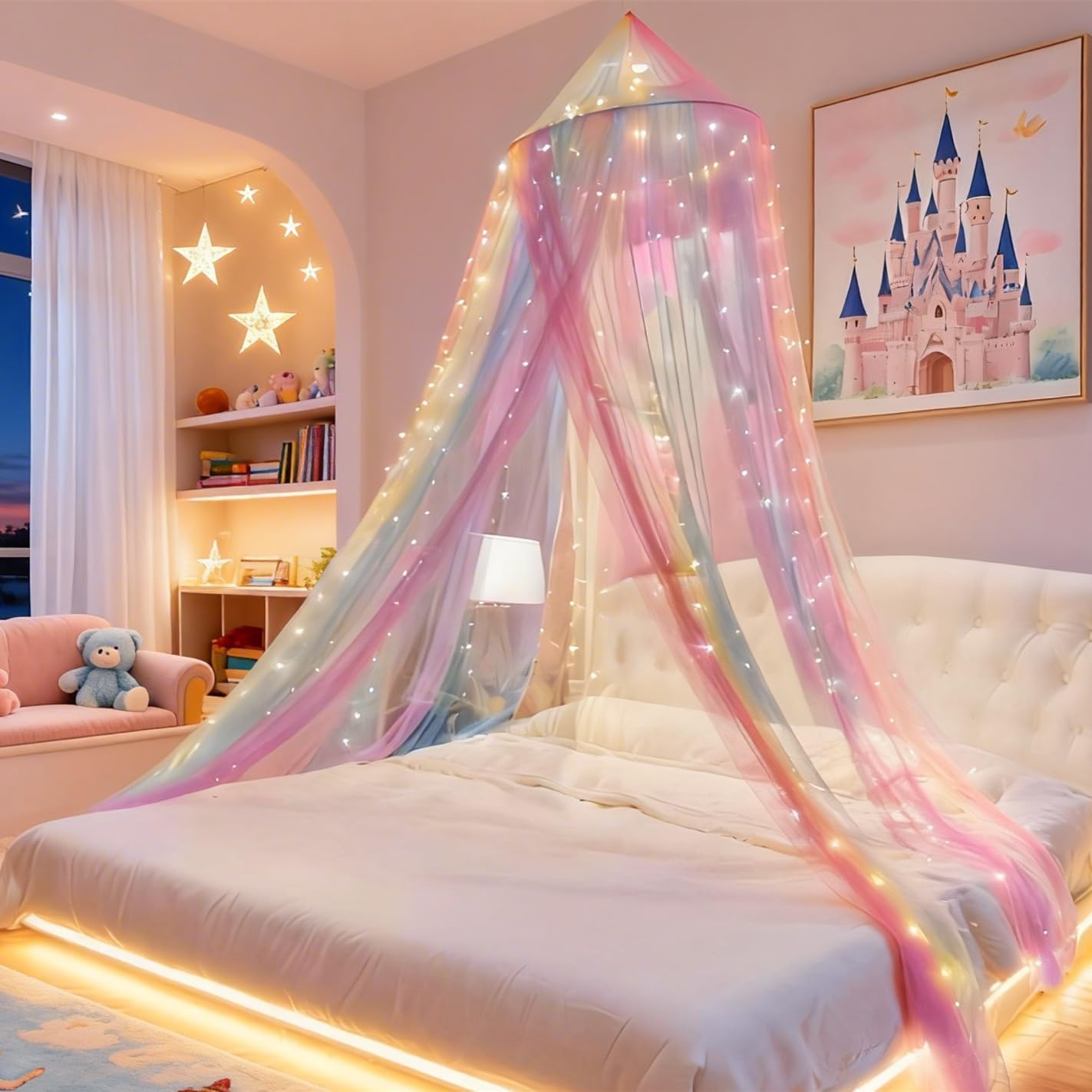 Eimilaly Princess Rainbow Bed Canopy with 250pcs Warm White Curtain Lights, Bed Canopy for Girls Room Decor or Unicorn Theme Party