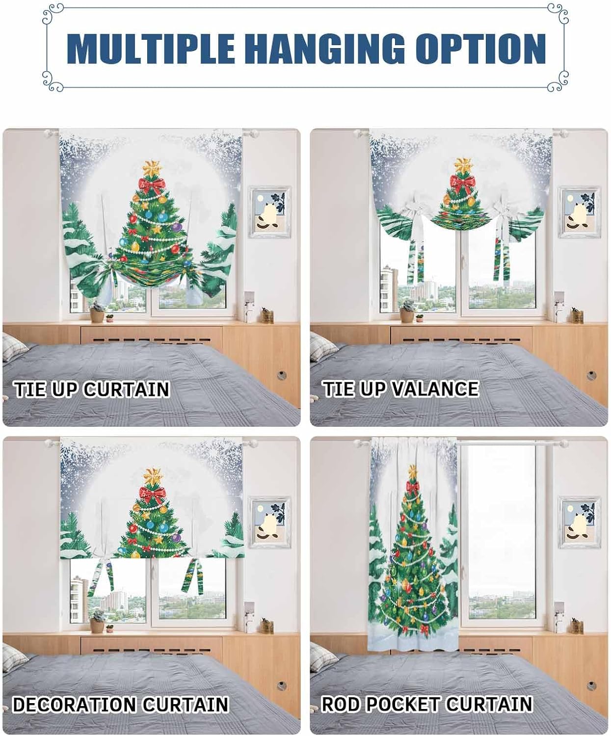 Tie Up Curtains for Windows, Merry Christmas Adjustable Balloon Nature Linen Textured Kitchen Curtain, Xmas Pine Trees Snowflakes Moon Winter Blue Decorative Tie Up Curtain for Window, 52" x 45"