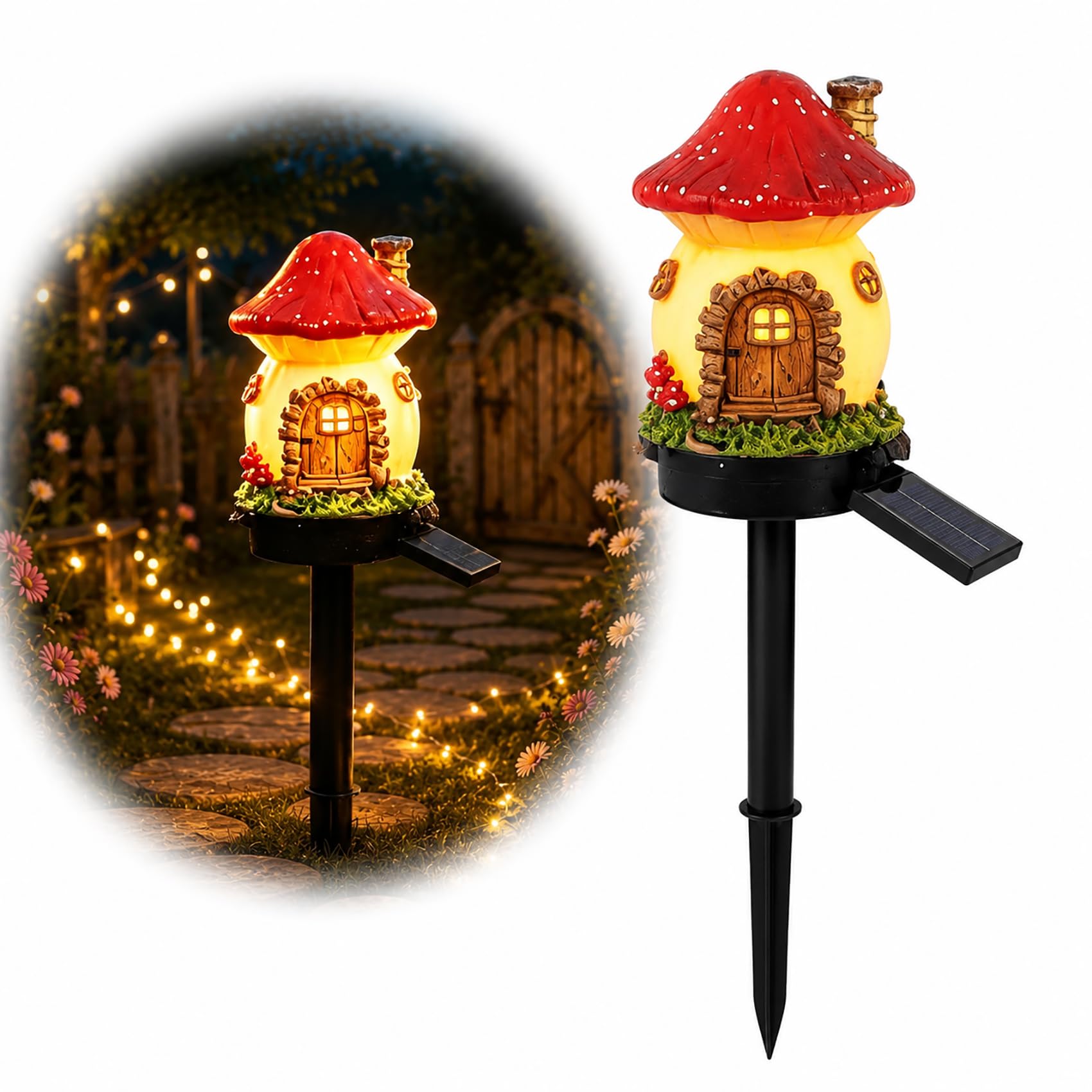Cemssitu Solar Mushroom Cottage Garden Light, Waterproof LED Solar Garden Light with Stake, Resin Fairy Garden Stake Lights with Auto On/Off for Pathway Yard Patio Lawn Walkway (Red)
