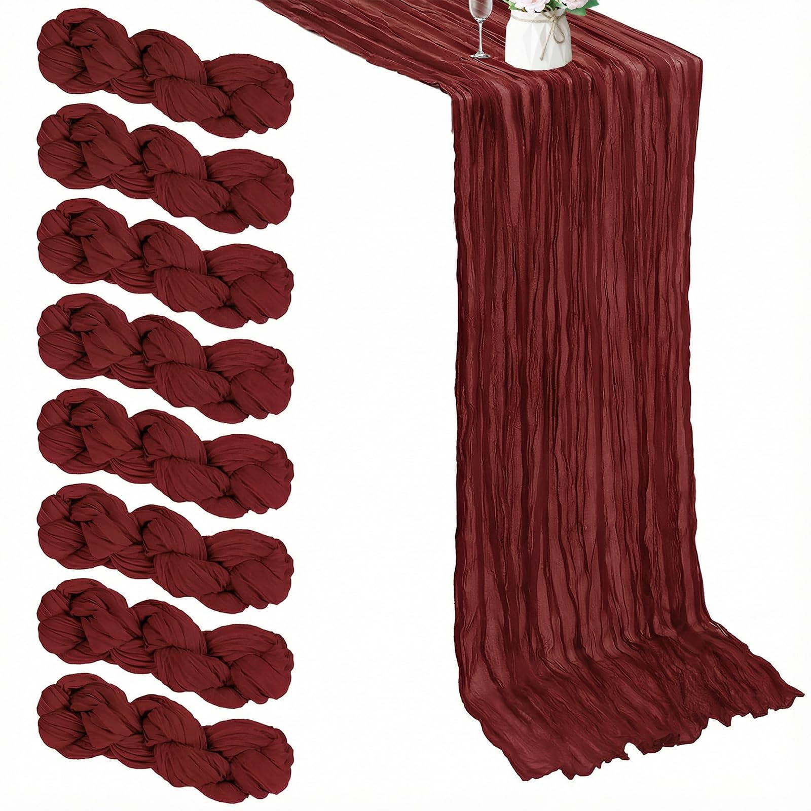 8 Pack Burgundy Cheesecloth Table Runner, 9.84Ft Claret Boho Gauze Cloth Table Runner for Wedding Holiday Party Birthday Party Decoration(50 x 300cm) — image 1