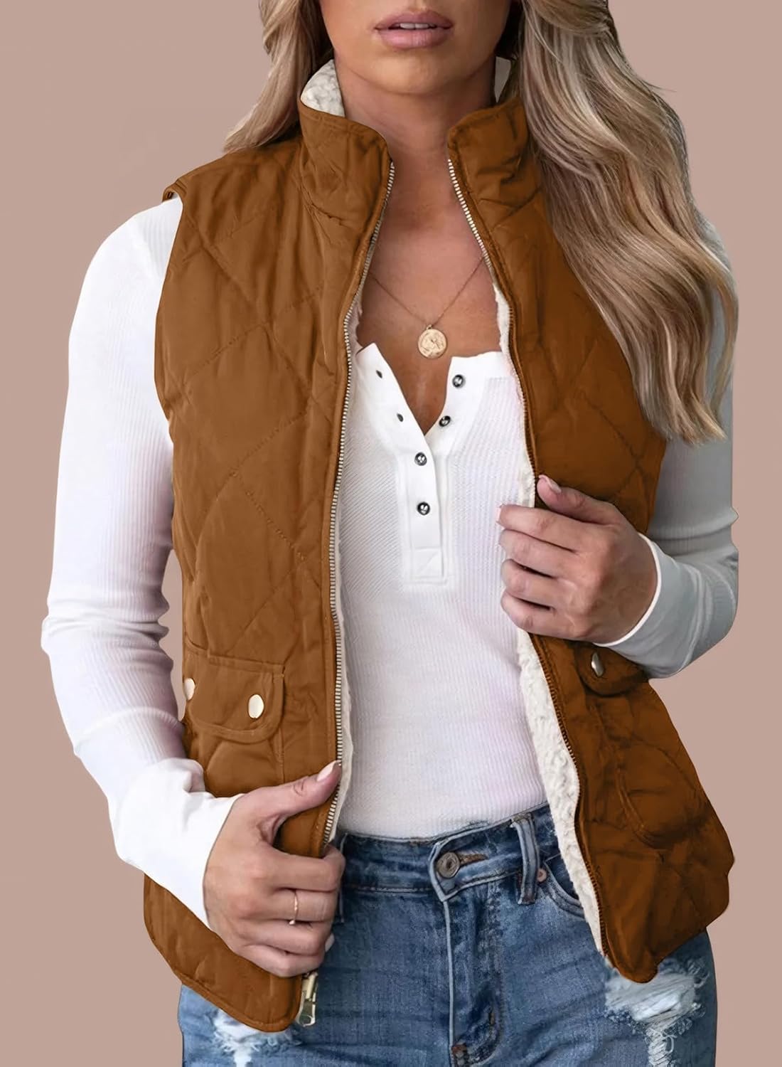 SHEWIN Women Puffer Vest Casual Stand Collar Sleeveless Puffer Jacket Warm Winter Reversible Zip Up Outerwear with Pockets - Image 5