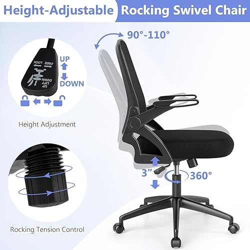 Miniatura 7 de Giantex Silla de oficina de malla, silla de escritorio ergonómica con brazos abatibles y soporte lumbar, escritorio giratorio de altura ajustable