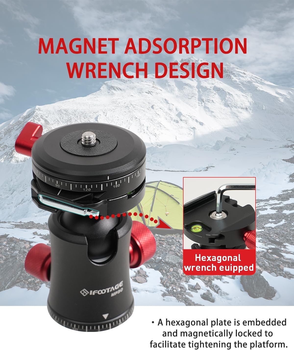 IFOOTAGE Komodo MP30 Ball Head,Metal 360° Rotating Ball Head with Panoramic Quick Release Plate, Compatible with Digital SLR（Load 22lbs）