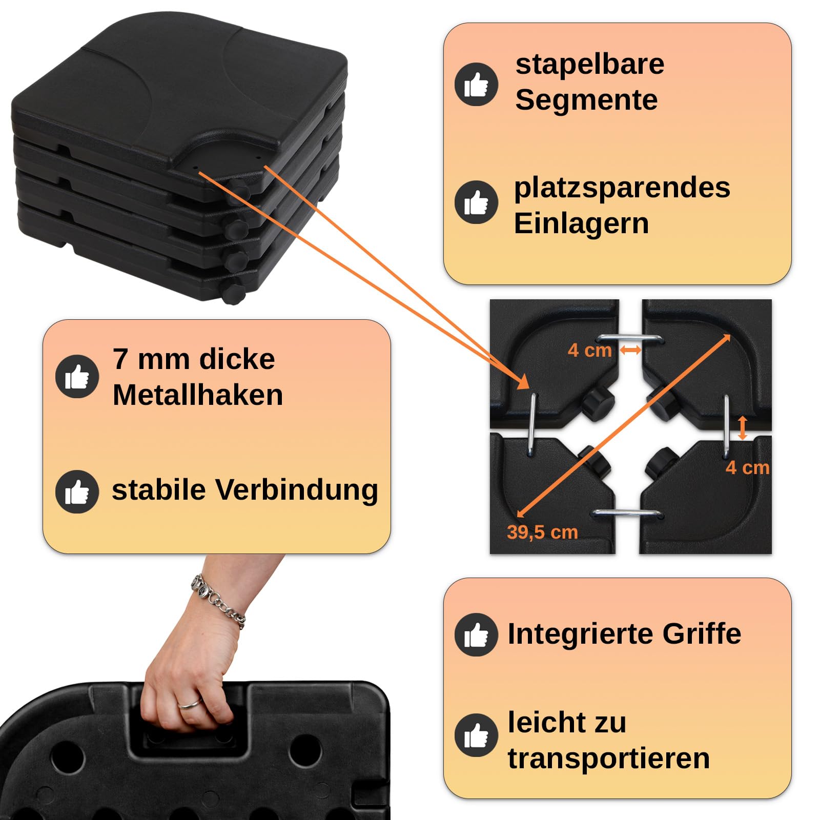 Montafox Sonnenschirmständer 4-teilig Schirmgewicht für Ampelschirm Bodenkreuz schwarz 60 Liter / 100 kg - befüllbar mit Wasser oder Sand 7 Jahre Garantie auf Material*