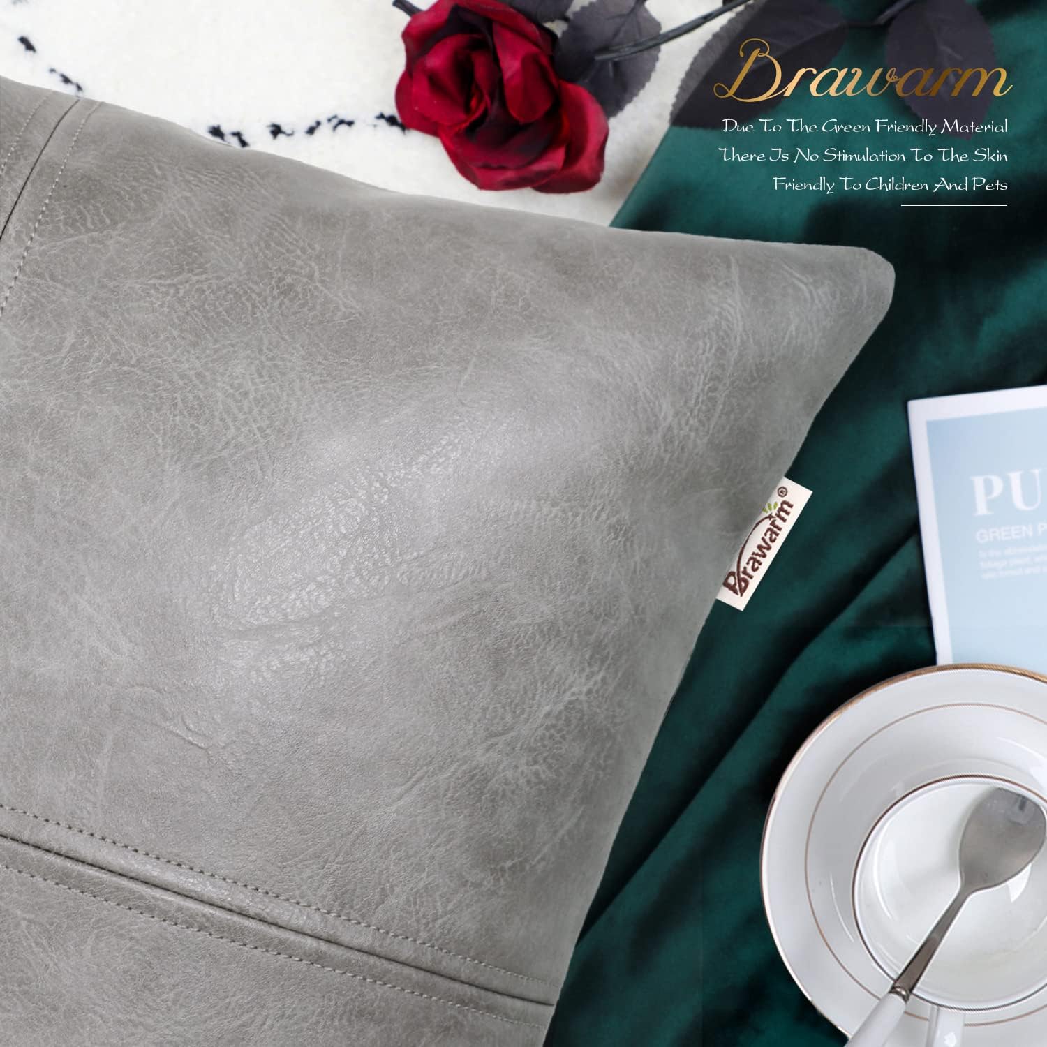 BRAWARM Faux Leather Throw Pillow Covers 20 X 20 Inches, Gray Leather Pillow Cover, Hand Stitched Leather Decorative Pillow Cover for Couch Sofa Bed Living Room Home Garden