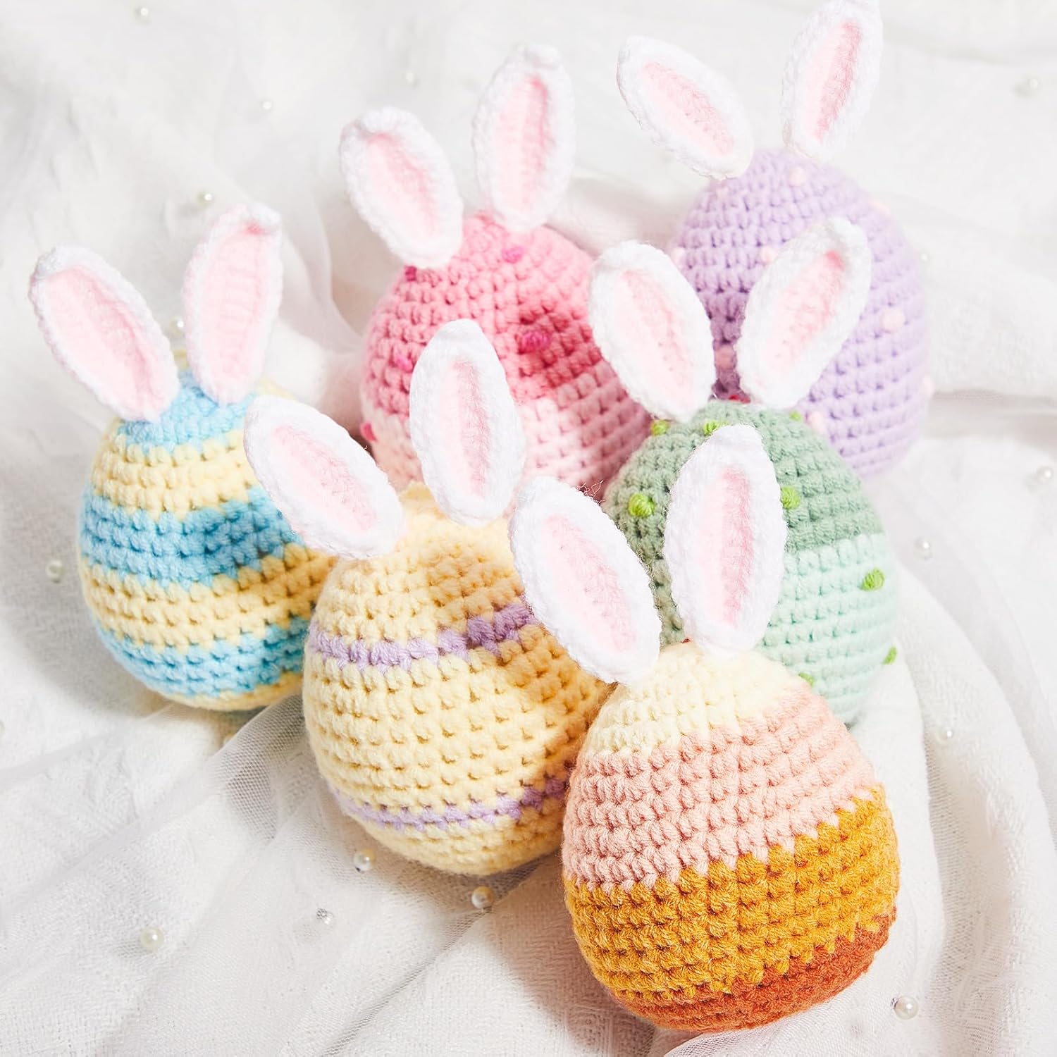 Gemscream 6 Pcs Crochet Easter Eggs Handmade Decorative Bunny Ear Egg Ornaments for Easter Basket Fillers Party Decoration Crafts Favor