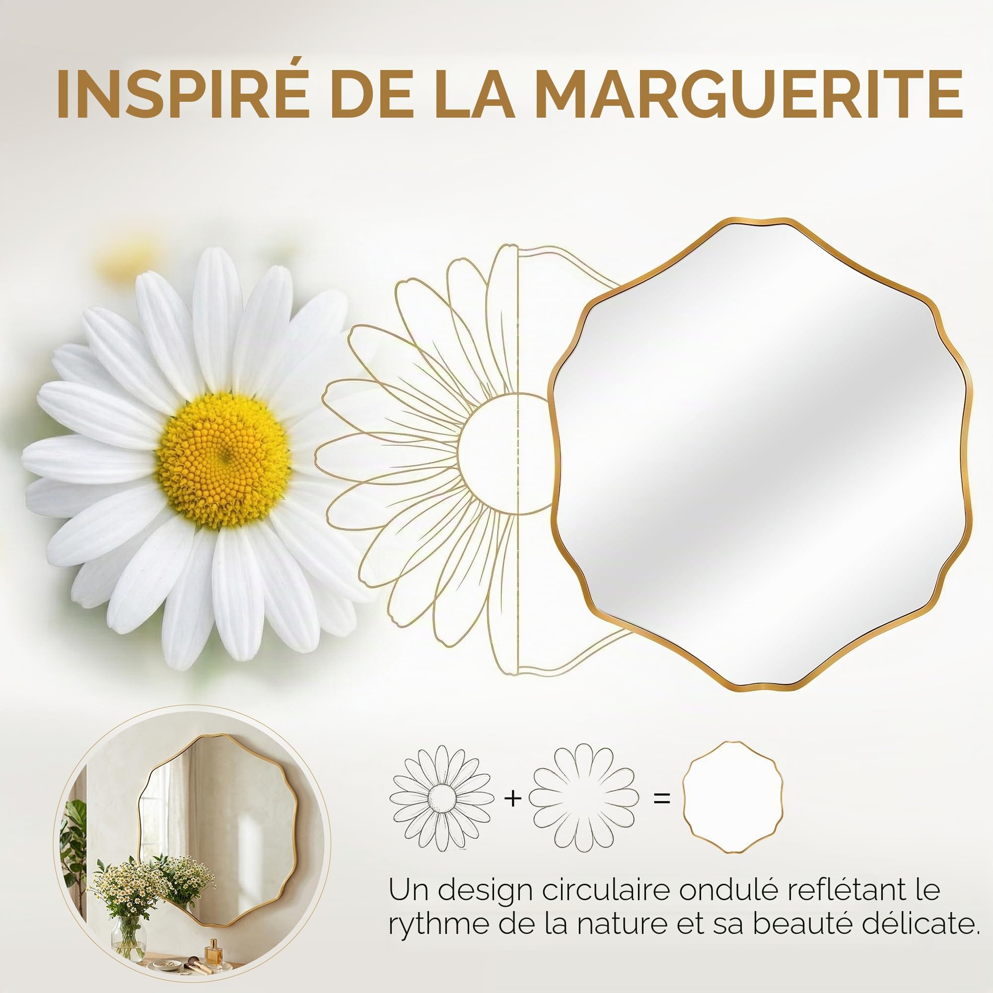 Miroir Mural Hexagonal Organique avec Cadre en Aluminium Brossé & Verre de Sécurité Trempé pour Salle de Bain, Entrée & Salon
