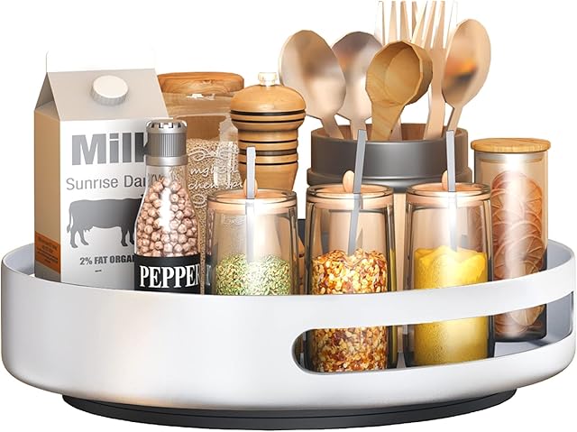 Lazy Susan Turntable, SAYZH Lazy Susan Cupboard Organizer Metal Steel Turntable ,Rotating Spice Racks for Pantry Cabinet Cupboard Organizer Table, 25.4 CM, Ash White