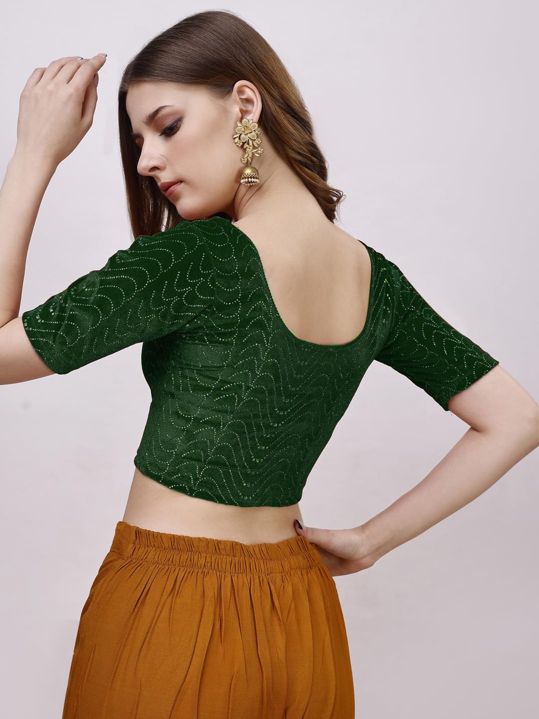 Pujia Mills Women's Readymade Hosiery Velvet Lycra Stretchable Round Neck Half Sleeve Blouse With Jari Work Fancy Green Color Lycra Stretchable Blouse For Women Readymade Saree Blouse