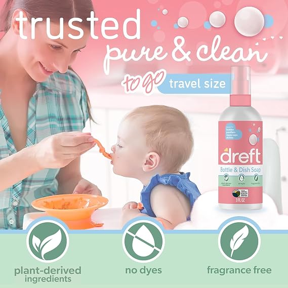 Dreft Bottle and Dish Soap | Made to Clean Baby Bottles, Sippy Cups, Pacifiers, Breast Pumps, More | Gently Removes Milk Film & Odors | Plant Based, Fragrance Free Dish Soap | 3 Fl Oz (Pack of 2)