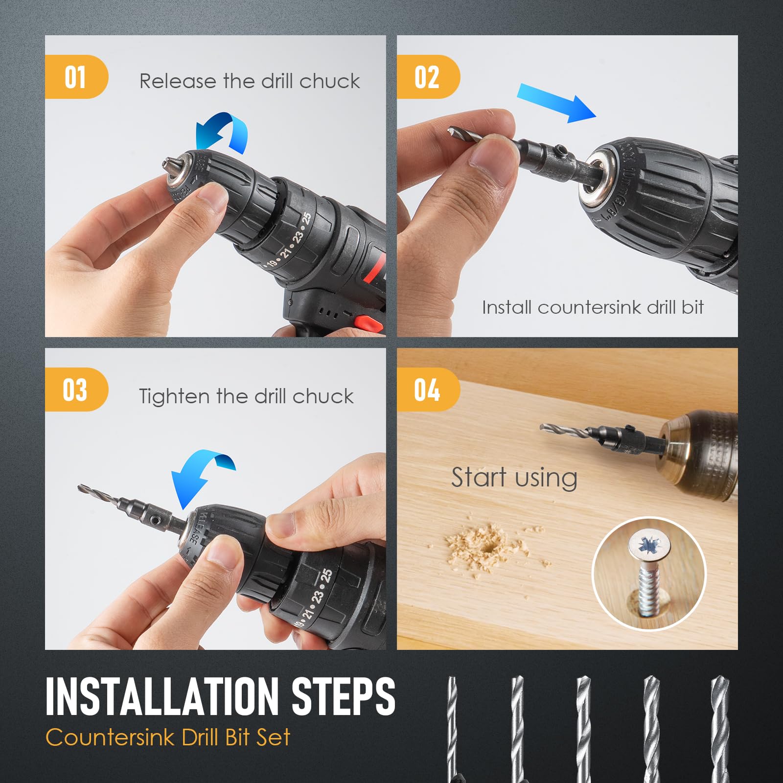 6 PCS Countersink Drill Bit Set, 5 PCS Quick Change 1/4inch Hex Shank Countersink Bit, 1 PCS Hex Wrench - Image 4