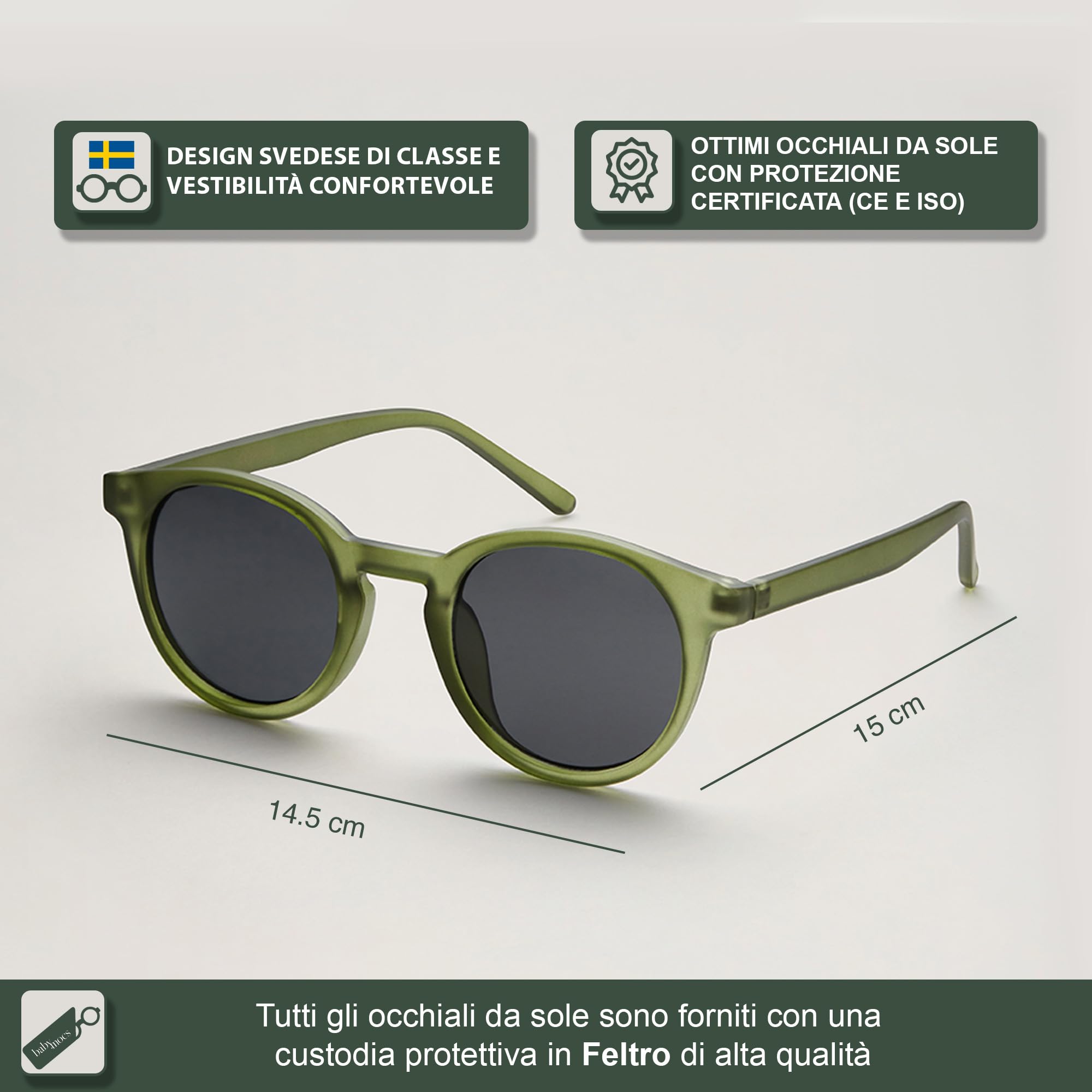 BABYMOCS Signature, occhiali da sole da uomo e donna, protezione solare UV400, cat. 3, in plastica riciclata senza BPA, realizzati a mano con motivo unico, design svedese