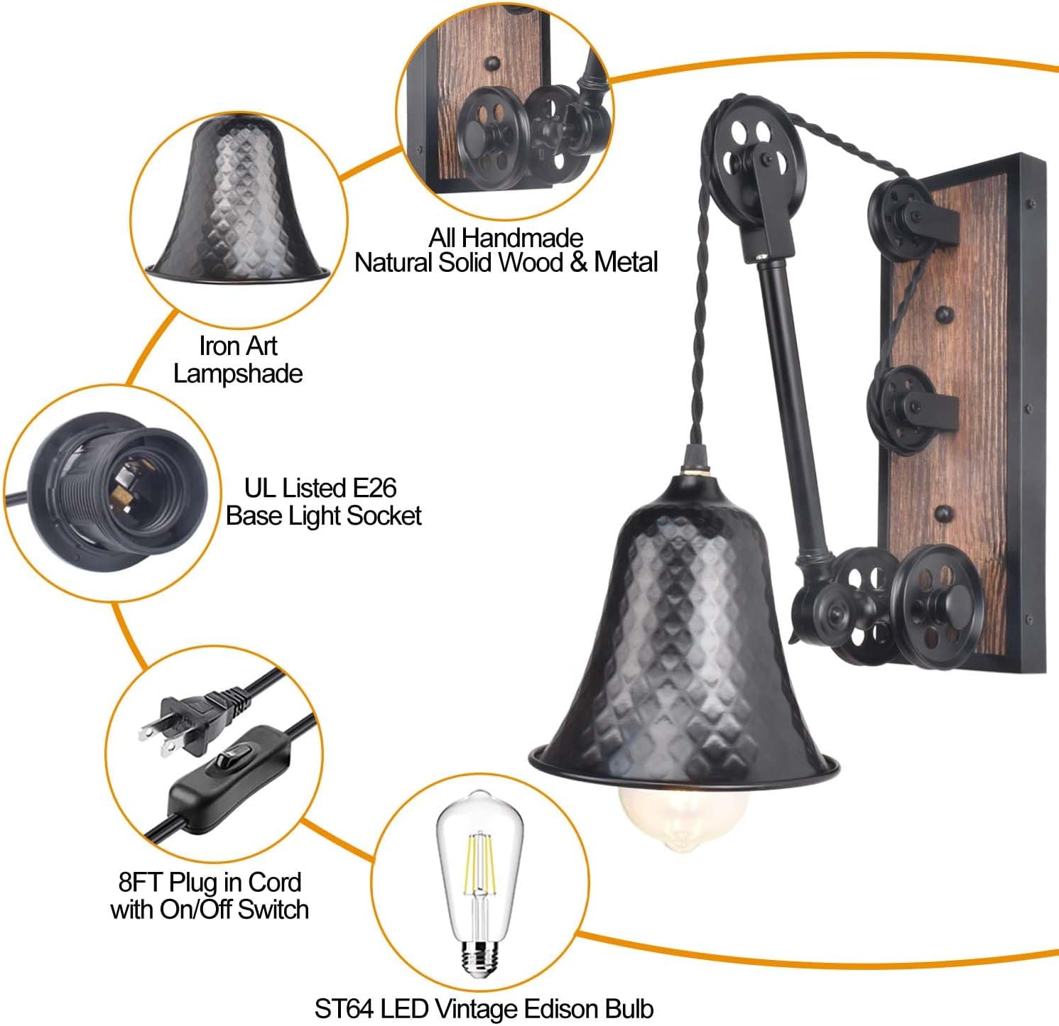 Steampunk Industrial Pulley Wall Sconce Plug in, Vintage Black Metal Wall Mounted Lamp with Switch Retro Wall Light Fixtures with 8FT Plug in Cord, E26 Base(Edison Bulb Included, 1 Pack)