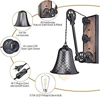 Vista 2 de Steampunk - Lámpara de pared industrial de polea enchufable, lámpara vintage de metal negro con interruptor, lámpara de pared retro con cable