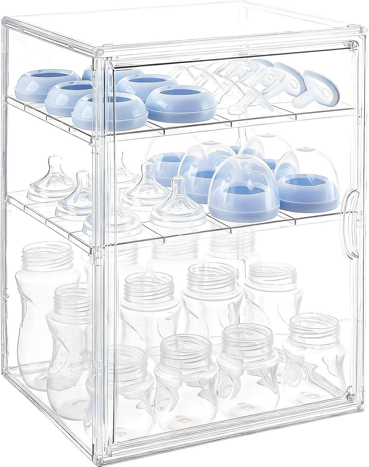 Baby Bottle Organizer, 3 Tiers Adjustable Clear Acrylic Baby Bottle Storage Organizer with 3 Removable Dividers and Magnetic Door, Suitable for Countertop and Kitchen
