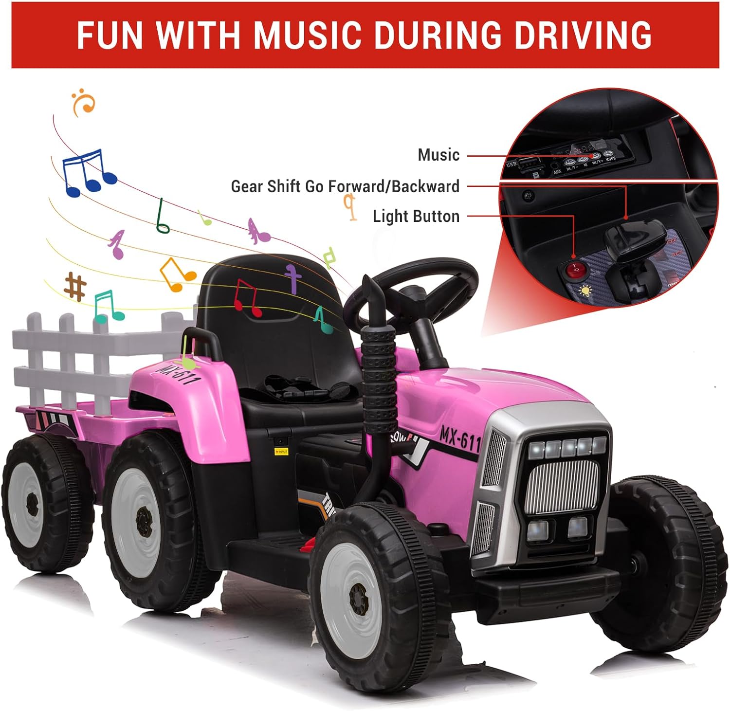 Garvee 12V Kids Ride on Tractor with Trailer & Remote Control, Speed Up to 5 Mph, Toddler Electric Vehicle Car with Headlights,2+1 Gear Shift, Music, USB for 3-6 Years Children