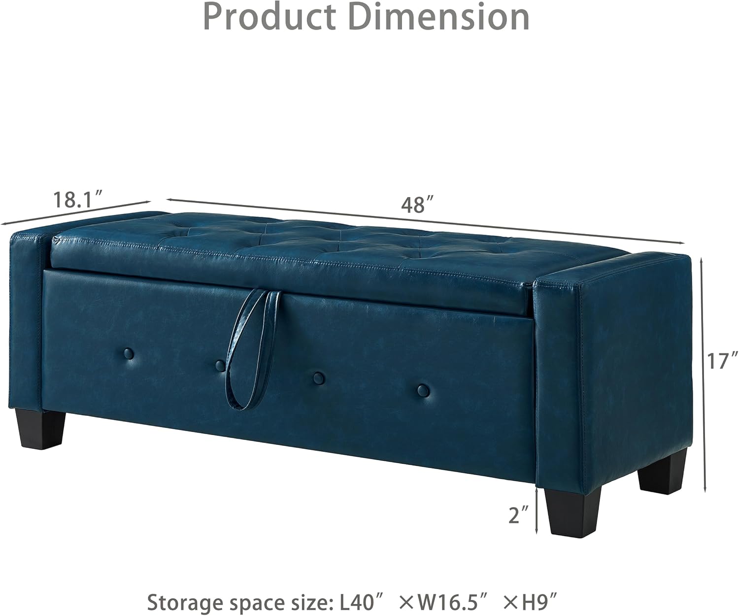 48" Storage Ottoman Bench, Upholstered Tufted Faux Leather End of Bed Bench with Flip Top Storage, Large Bedroom Bench for End of Bed, Entryway Shoe Bench, Living Room Ottoman, PU (Navy Blue)
