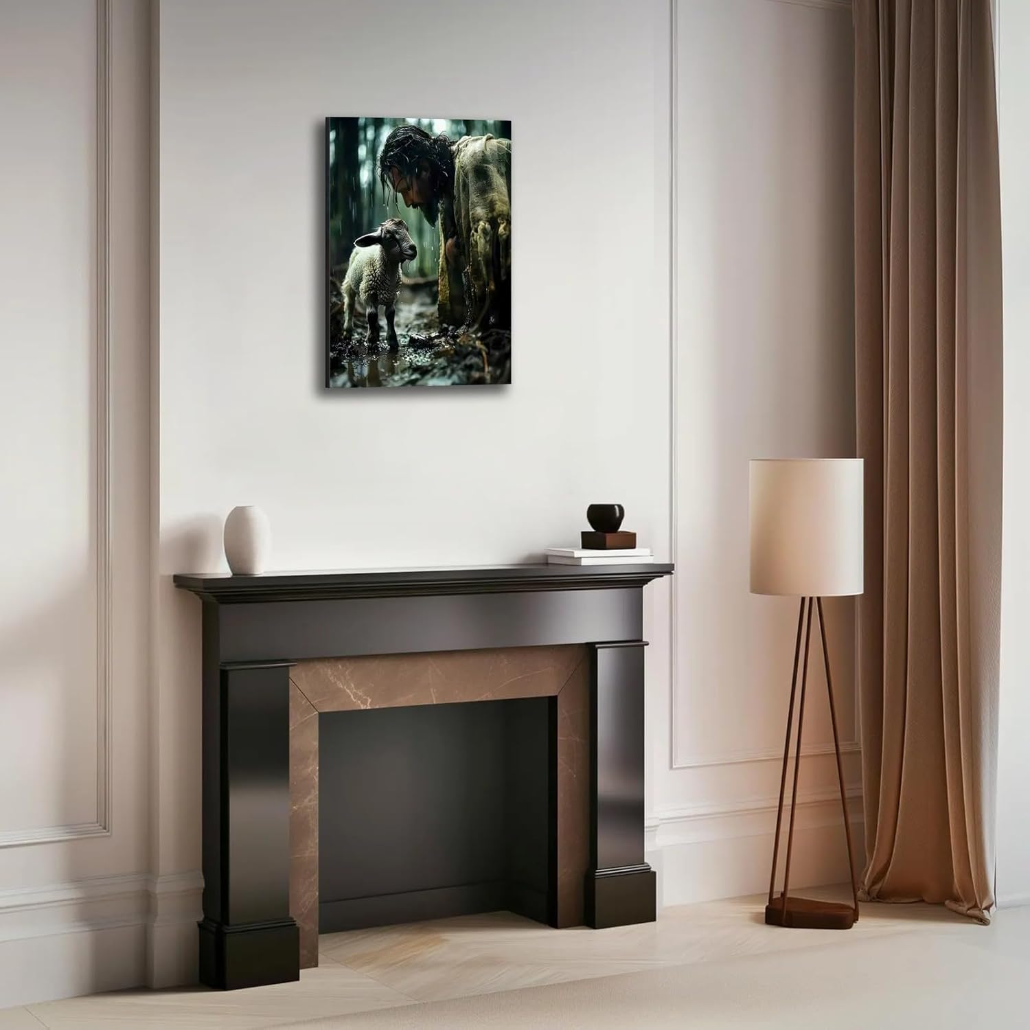 Framed Canvas Print Jesus and Lamb Canvas Wall Art Inspirational Christian Picture Print Home Decor Religious Poster Painting Spiritual Poster on Flat for living room Ready to Hang 16×24 Inch