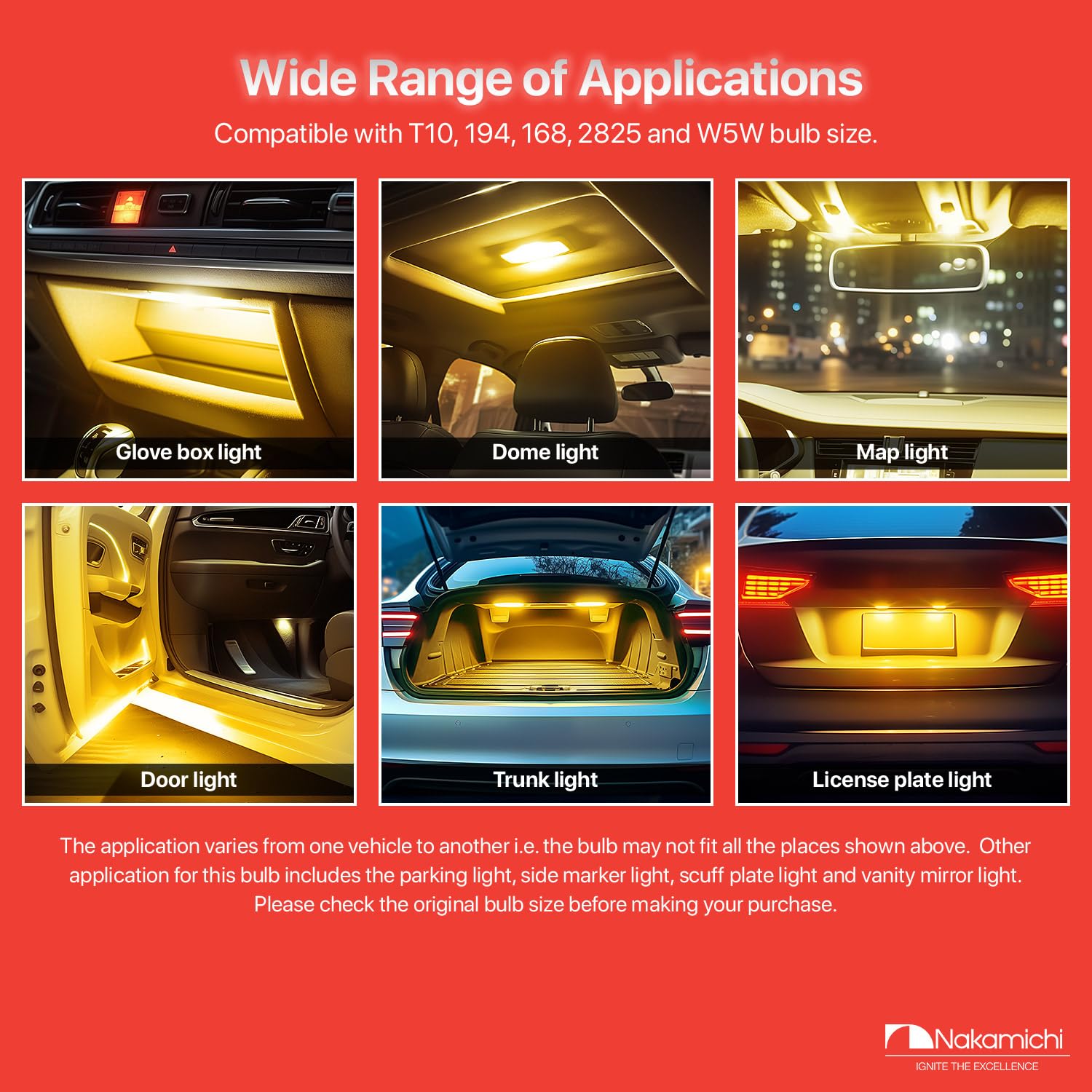 Nakamichi T10 LED Light Bulb 168 2825 194 W5W Wedge 18+1 SMD 3014 Chip LED Replacement Bulbs Error Free for Car Interior Dome Map Door License Courtesy Dash Lights (Giallo Amber, 19 LEDs, Pack of 2) - Image 2 thumbnail