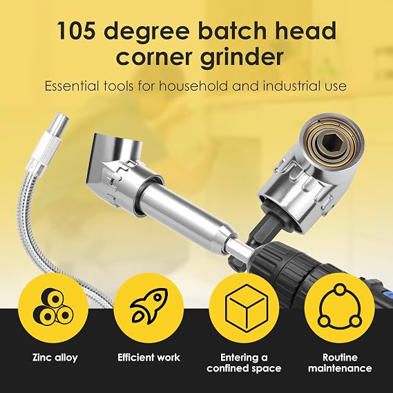 6Pcs 105 Degree Right Angle Drill Adapter and Flexible Drills Bit Extension Set Zinc Alloy 105 Right Angle Drills Attachment 1/4 Inch Hex Shank Soft Shaft Drill Bit Extension for Tight Space