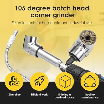 6Pcs 105 Degree Right Angle Drill Adapter and Flexible Drills Bit Extension Set Zinc Alloy 105 Right Angle Drills Attachment 1/4 Inch Hex Shank Soft Shaft Drill Bit Extension for Tight Space