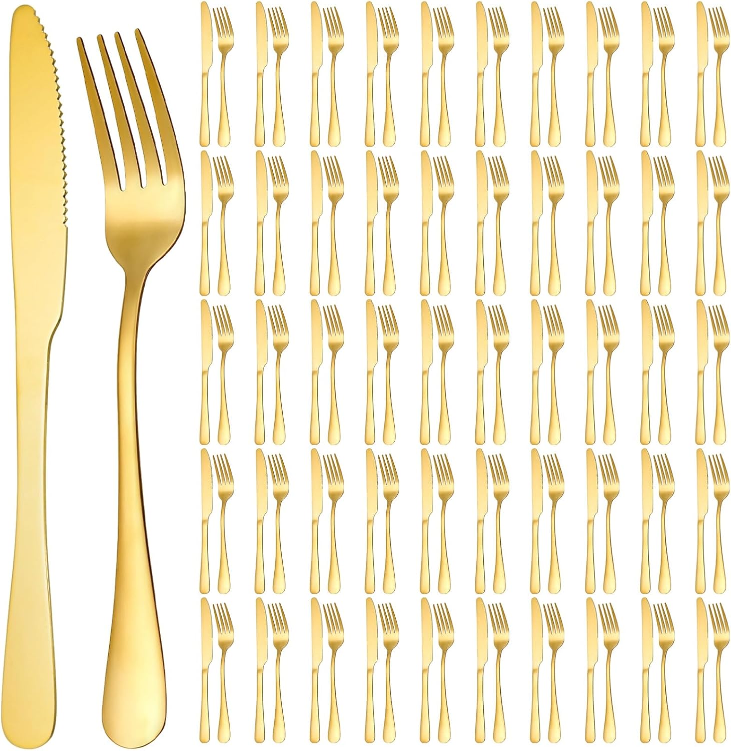 100 Pcs Gold Silverware Set - Includes 50 Forks and 50 Knives - Stainless Steel Forks and Knives Flatware Tableware Cutlery Set for Wedding Dinner Party Restaurant Holiday Party