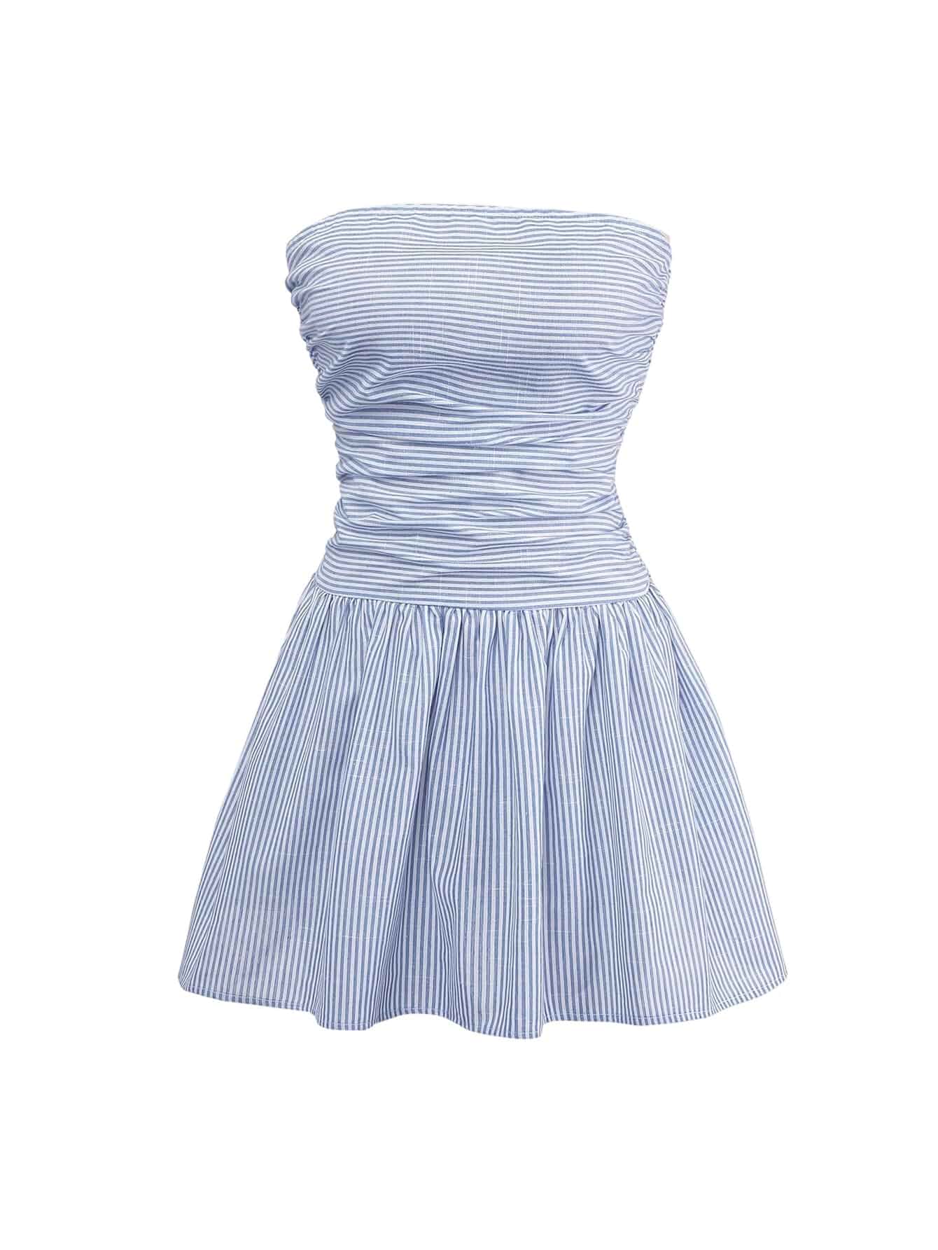SOLY HUX Women's Summer Striped Tube Top Dress Cute Ruched Strapless Mini Y2k Going Out Dresses Striped