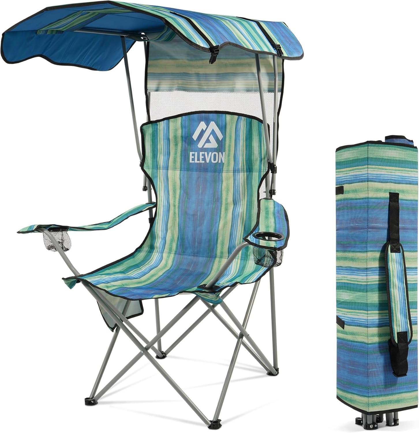 elevon camping chair, oversized folding chair with canopy, portable outdoor chair with arms, cup holder and carry bag for camping, fishing, beach, and sports, turquoise