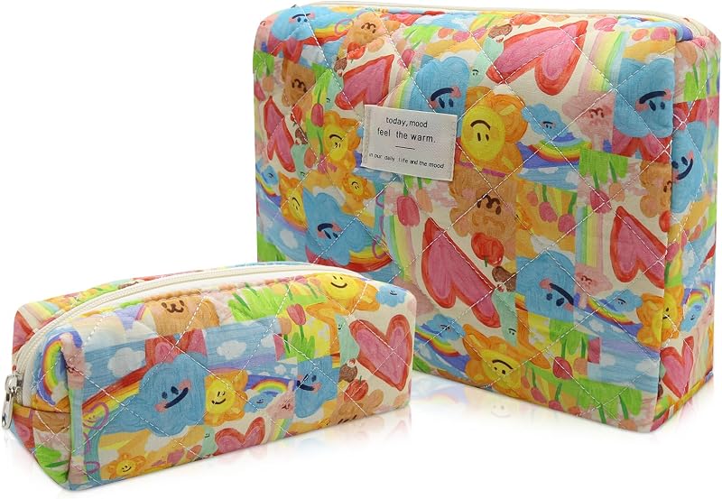 Gosect Conjunto com 2 necessaires de maquiagem de algodão com estampa floral, zíper e formato retangular, Graffiti-Colored