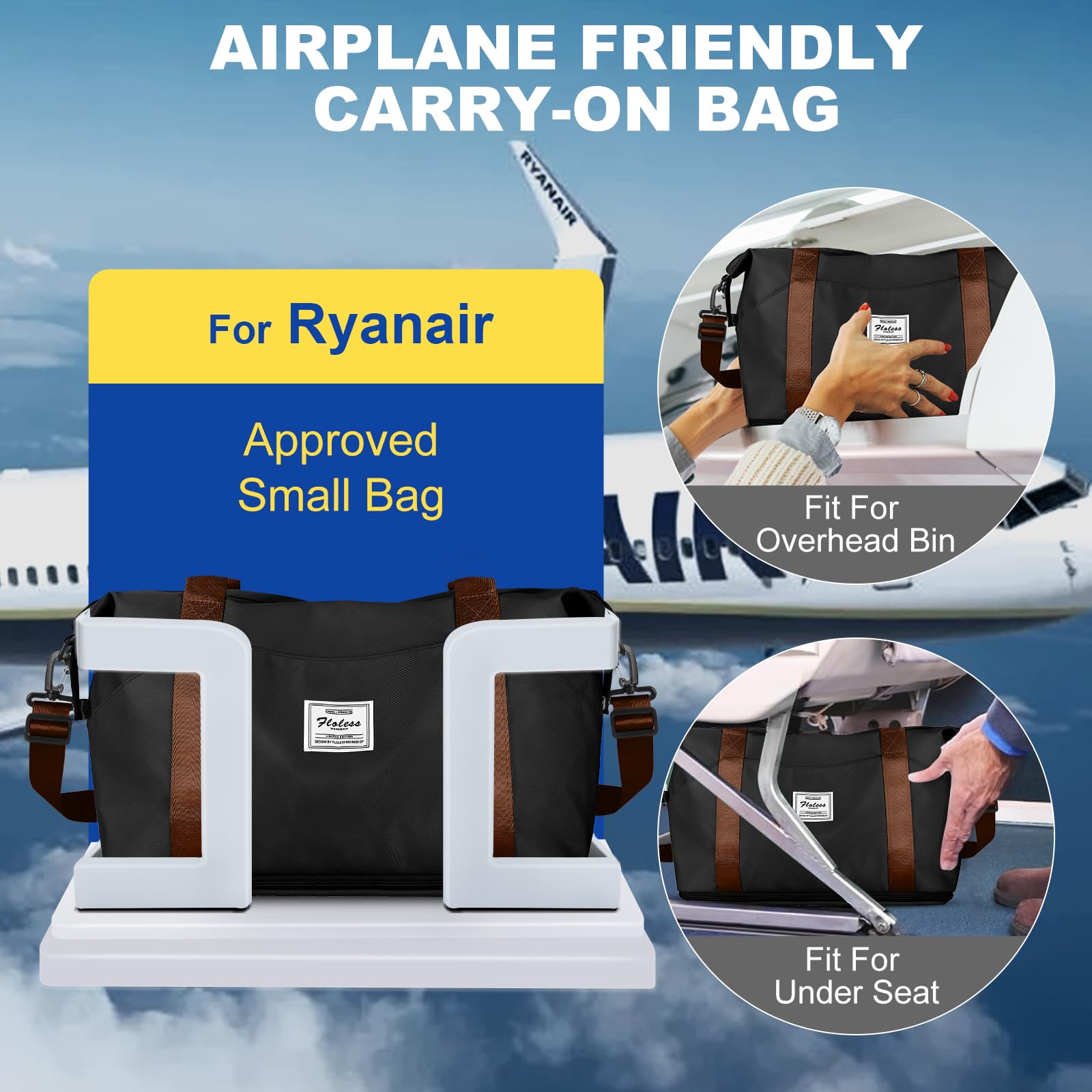 SZLX Travel Duffel Bag Weekend Bag with Trolley Sleeve,Ryanair Cabin Bag 40x30x20 Duffel Bag Wizzair,Dry & Wet Seperated Sports Gym Bag Waterproof Carry On Bag for Women Men Hospital Tote(Black Brown) — view 2