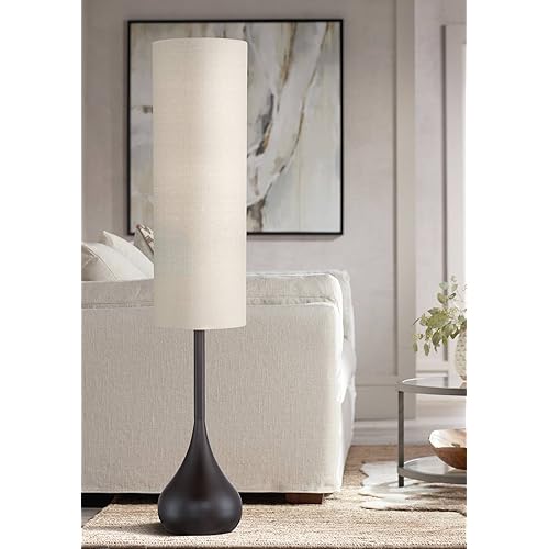 Possini Euro Design Mid Century Modern Retro Floor Lamp Standing 62" Tall Dark Bronze Metal Droplet Off-White Cotton Cylinder Shade Decor for Living Room Reading House Bedroom Home