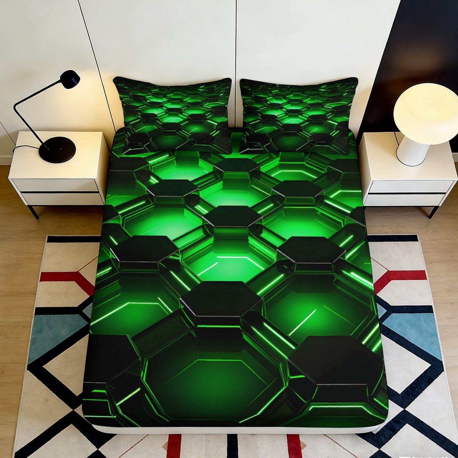 3D Printed Neon Hexagon Fitted Sheet Microfiber Green Geometric Mattress Cover for Bedroom Decor Protection 90x200x25cm