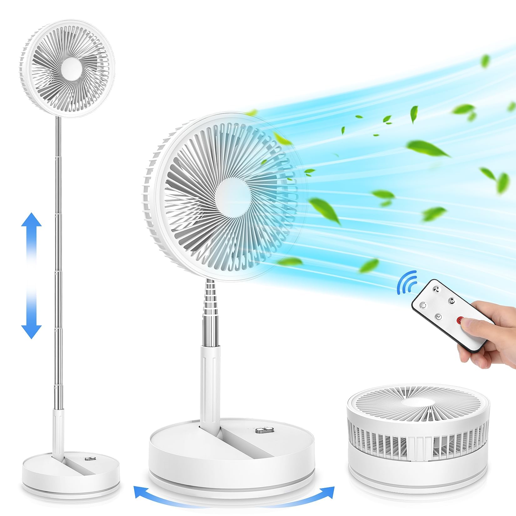 Silent Portable Standing Fan - 8.6" Rechargeable Fan | Foldable, Oscillating, 4 Speeds, Timer, 8000 mAh Battery, Remote Control. Ideal for sleeping office camping