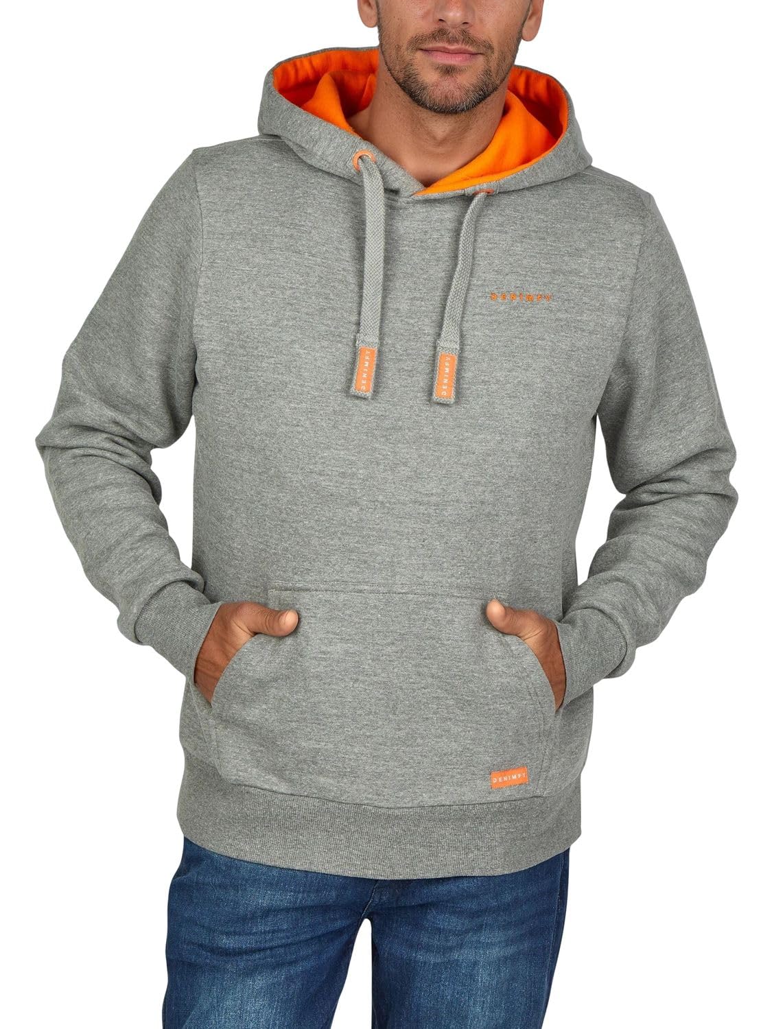 DENIMFY Męska bluza z kapturem, regularny krój, DFBenno, sweter z kapturem, granatowy, rozmiar 4XL, kolory: szary melanż, standardowy 2-toppy pomarańczowy