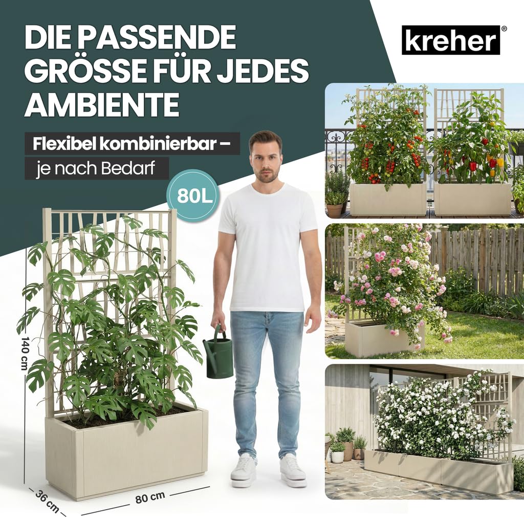 2 x Kreher® XL Rankgitter, Spalier mit Pflanzkasten aus robustem Kunststoff. Maße BxTxH in cm: 80 x 36 x 140 cm. Top für Garten, Terrasse und Balkon! (Beige)