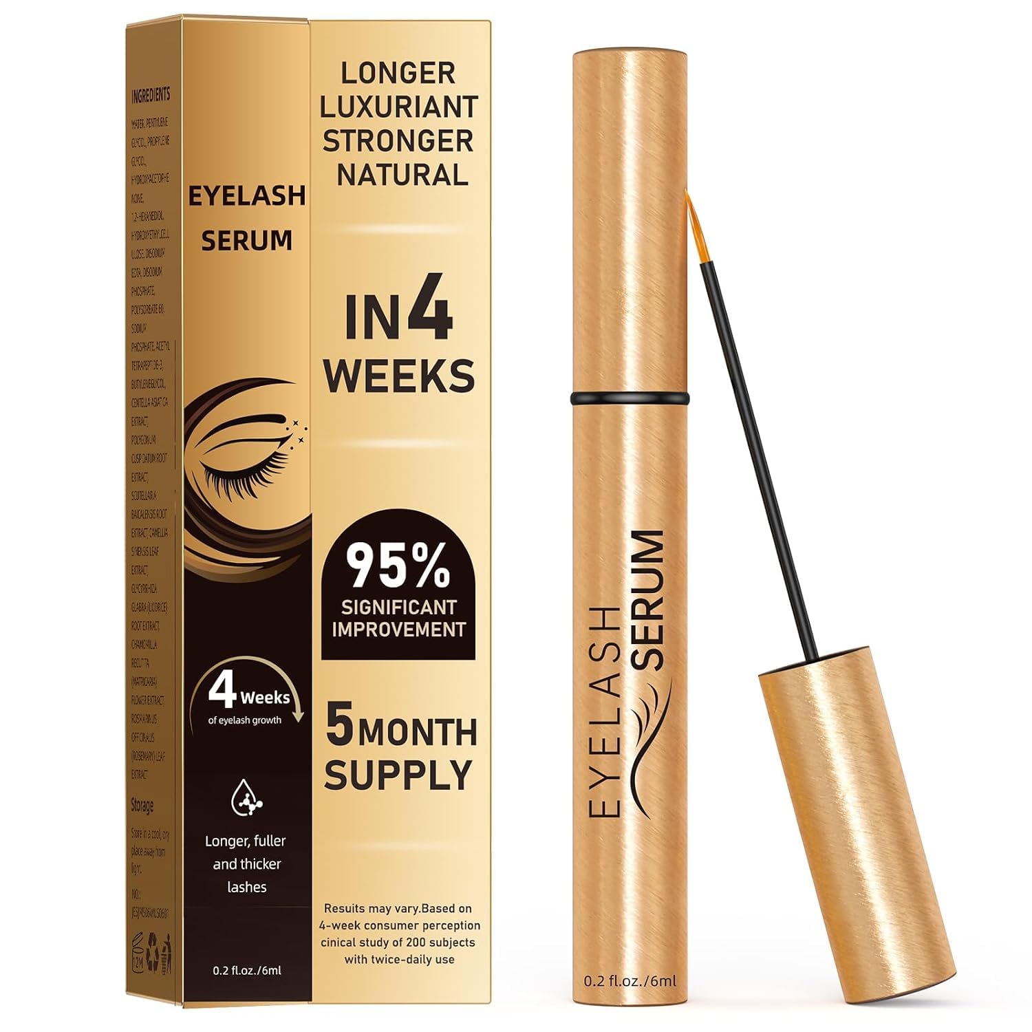 Lash Serum for Eyelash Growth, Advanced Vegan Formula for Longer, Fuller and Thicker-Looking Lashes and Brows, Gentle for Sensitive Eyes, 6mL Gold 6 mL