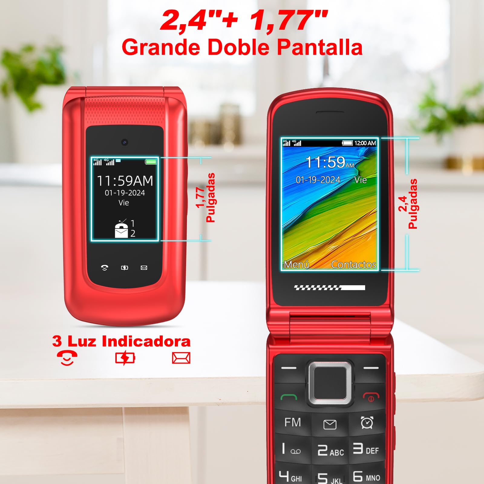 USHINING Teléfono Móvil 4G para Personas Mayores, Teléfono Móvil con Tapa Teclas Grandes Botón SOS Pantalla Doble de 2,4 y 1,77 Pulgadas Doble SIM USB-C Despertador Base de Carga, Fácil de Usar, Rojo