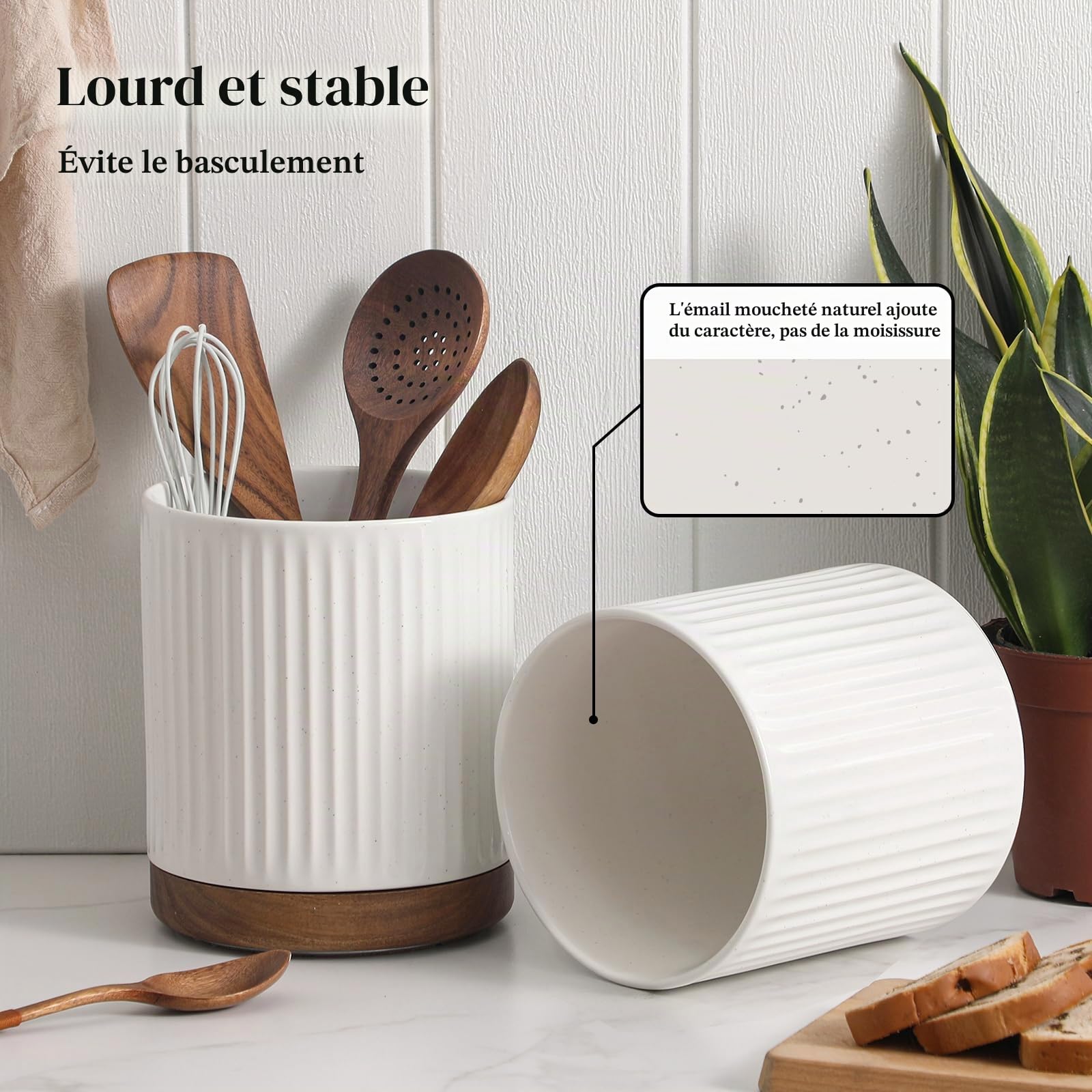 DOWAN Porte-ustensiles de cuisine rotatif en céramique, grand récipient pour ustensiles de cuisine, grand récipient pour cuillères de cuisine, rangement d'ustensiles de cuisine, blanc avec relief