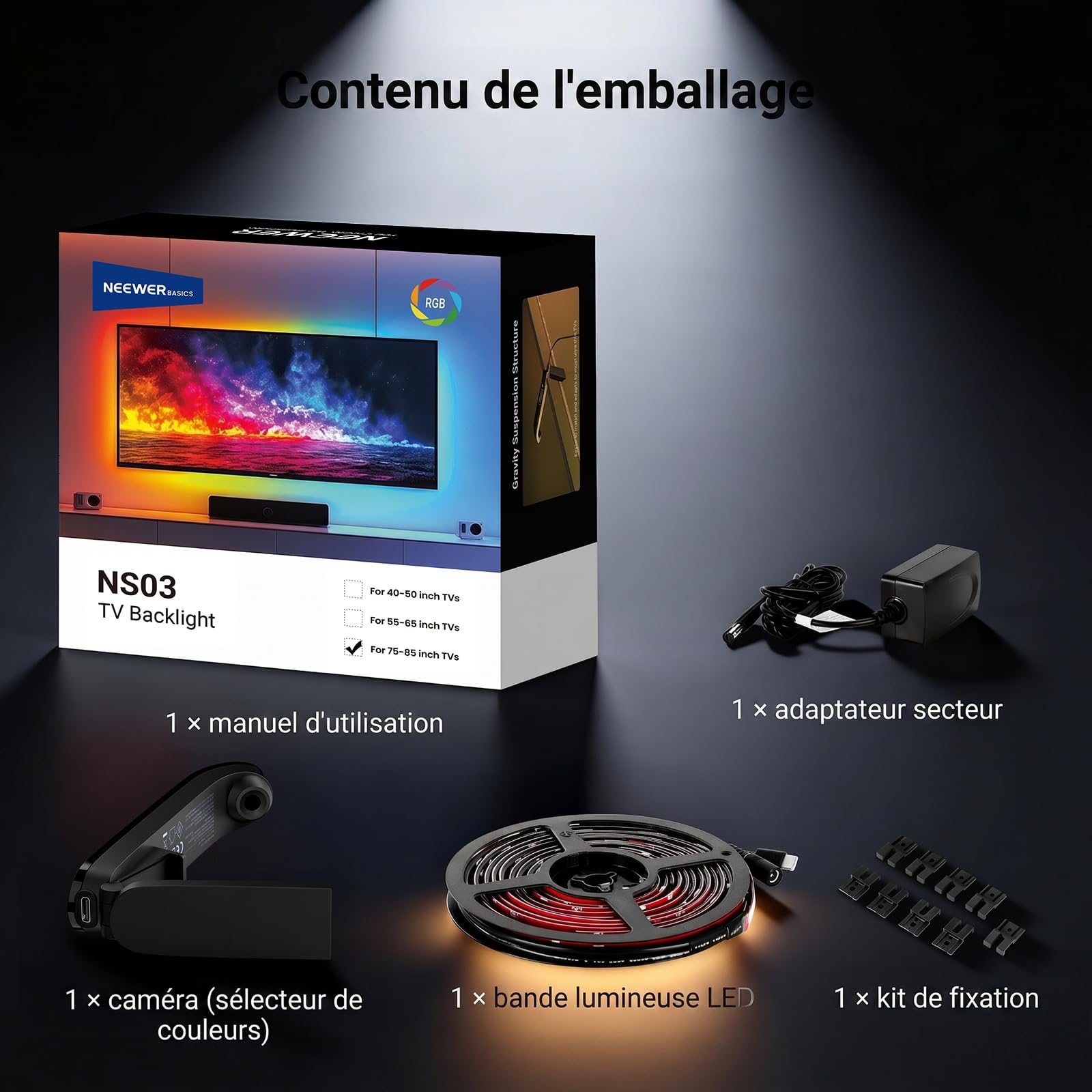 NEEWER Basics Rétroéclairage TV pour Écrans 75"-85",Bande LED RGB 5m avec Capteur de Luminosité,Allumage/Extinction Programmable,24 Effets Sonores,Compatible avec Une Application de Contrôle,NS03