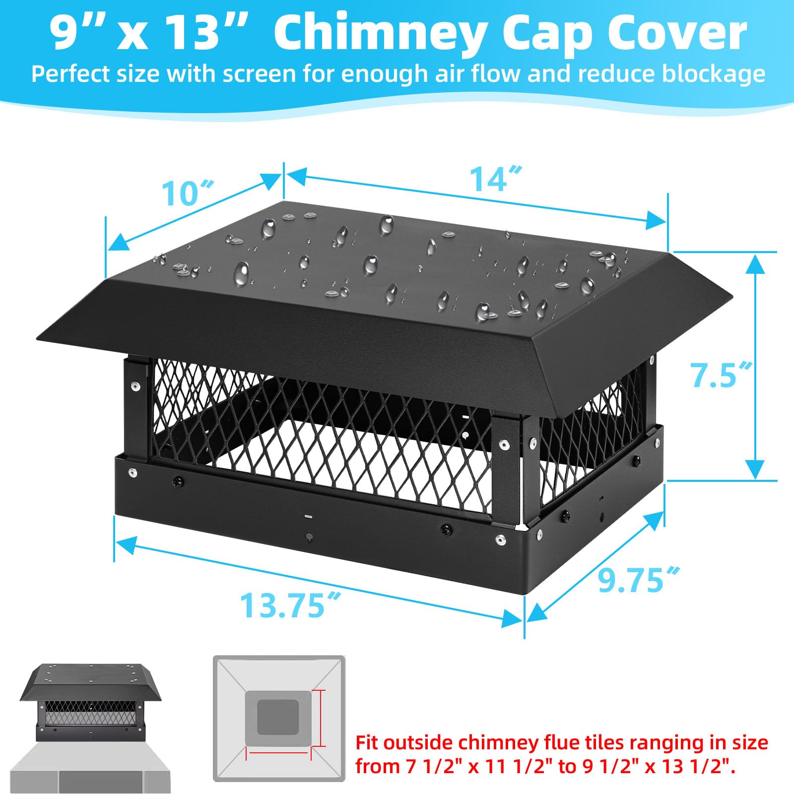 Tapa de chimenea para chimenea, tapas de chimenea para exteriores, 9 x 13 pulgadas, cubierta de chimenea para chimenea, tapa de lluvia, cubierta protectora superior de chimenea para chimenea, cubierta
