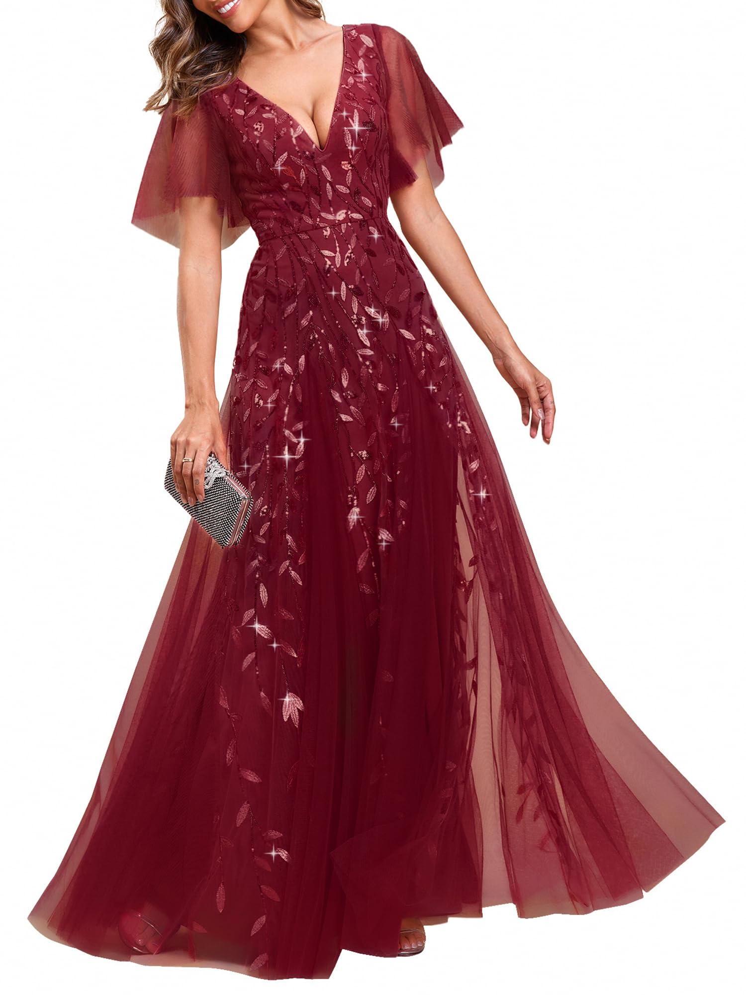 Ever-Pretty Women's Sequin Sparkly V-Neck Short Sleeve A-Line Floor Length Formal Evening Dress