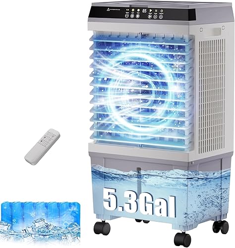 Swamp Cooler,1800CFM Evaporative Air Cooler with 5.3 Gal Water Tank,12H Timer,6 Ice Boxes,2 Modes,3 Speeds,120°Oscillation,Air Cooler for Indoor,Home,Kitchen,Bedroom