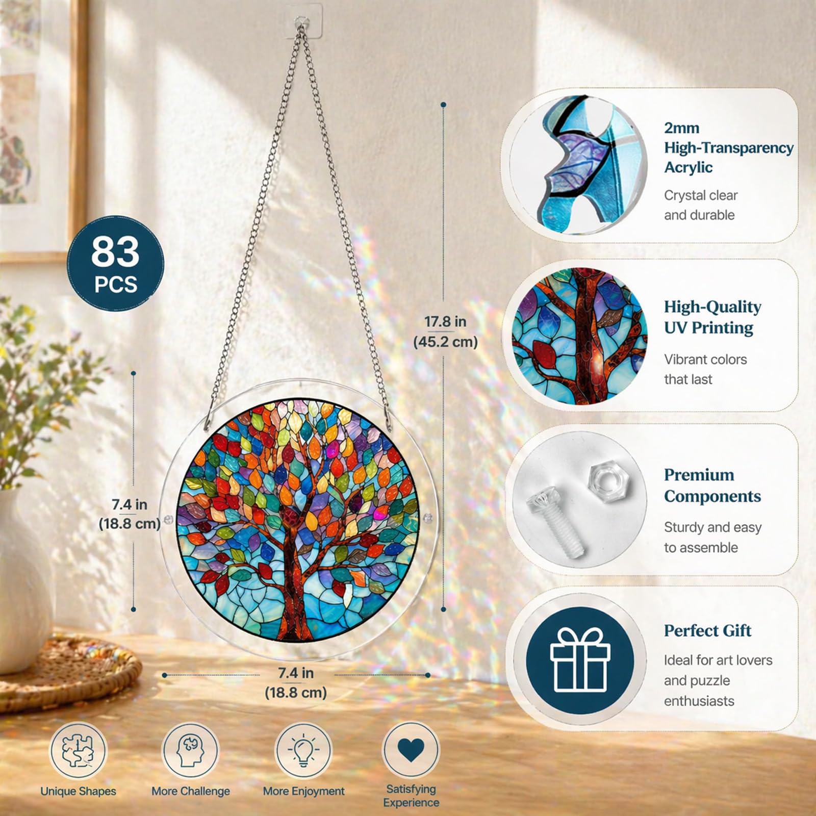 Acrylic Puzzle Suncatcher 83 Pieces, 7.4 Inch, DIY Window Hanging Decoration for Home & Garden, for Women, Men, and Moms, Ideal for Birthday or Home Decor,Style d,S (7.4in) — view 6