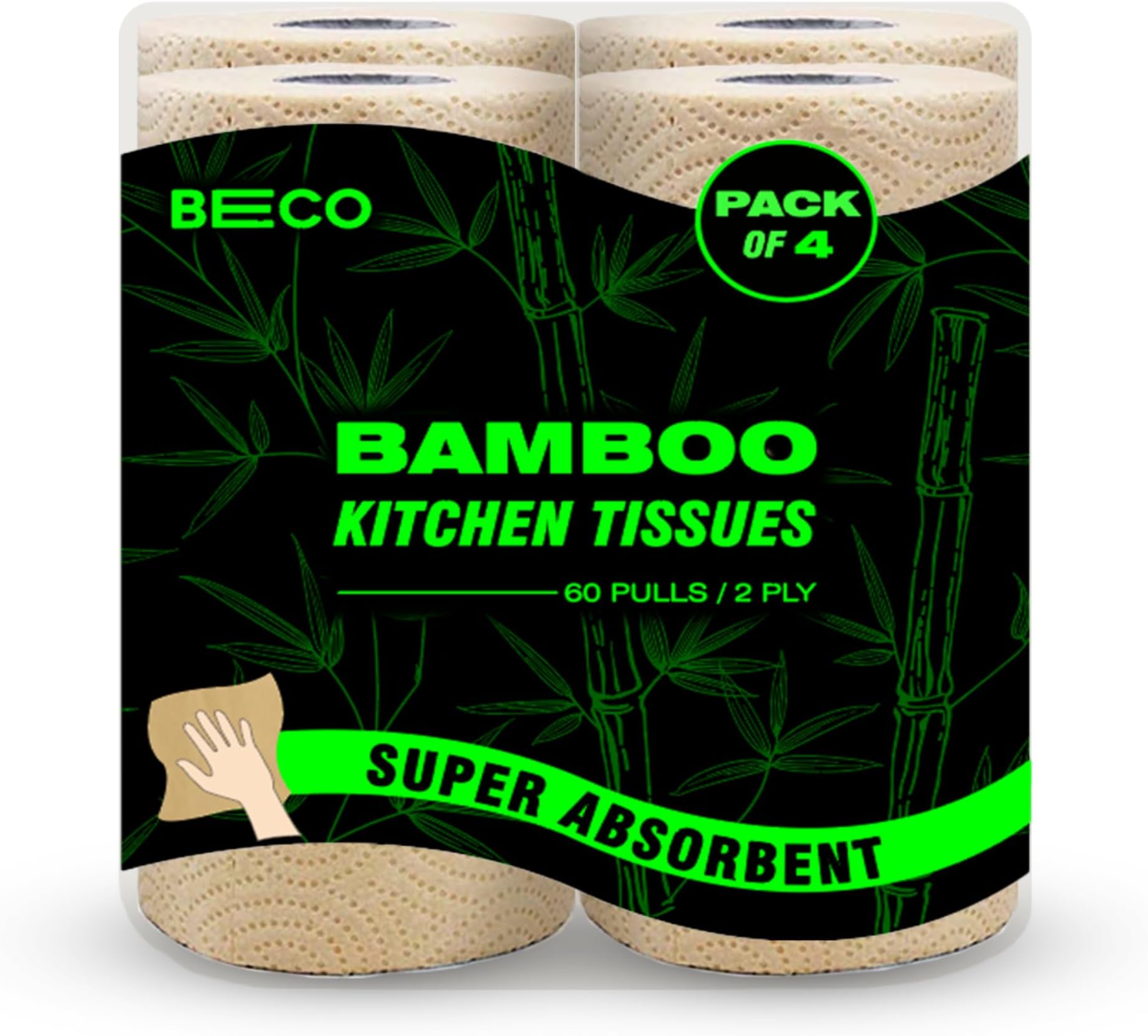 Beco Bamboo -2 Ply Kitchen Tissue/Towel Roll | 240 Pulls (60 pulls x 4 Rolls) | 100% Eco-Friendly - Pure Bamboo Pulp |Soft & Super Absorbent | Food Safe & Chemical Free Tissue Papers