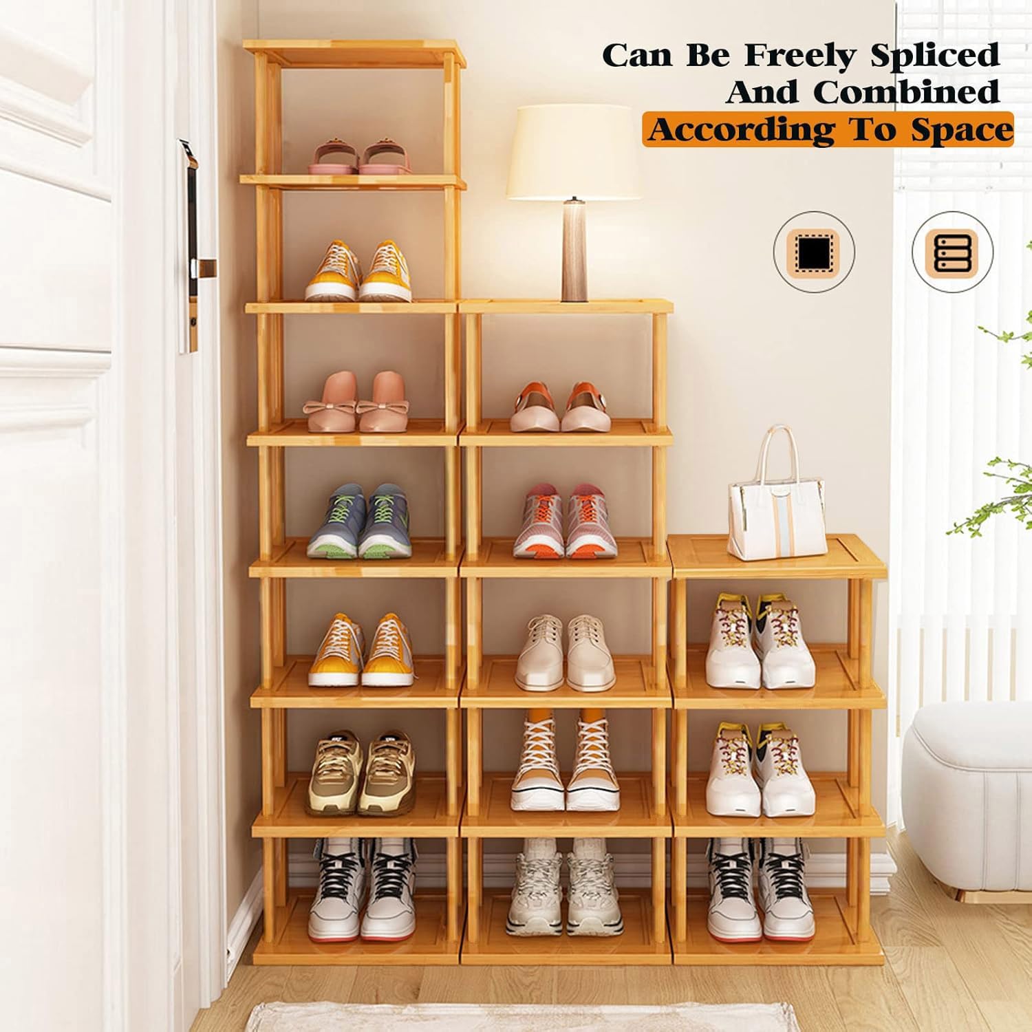 Aniston 7 Tier Vertical Tall Shoe Rack Bamboo,Free Standing Slim Narrow Shoe Storage,Shoe Shelf Organiser For Garage Closet Doorway Garage Living Room Small Spaces (7 Tier