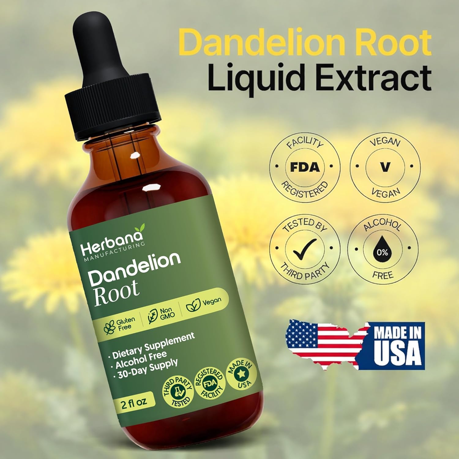 HERBANA MANUFACTURING Dandelion Root Liquid Extract 4 fl oz - Organic Taraxacum officinale Herbal Supplement - Alcohol-Free Drops for Daily Wellness Support - Family Size - 60-Day Supply - Image 5