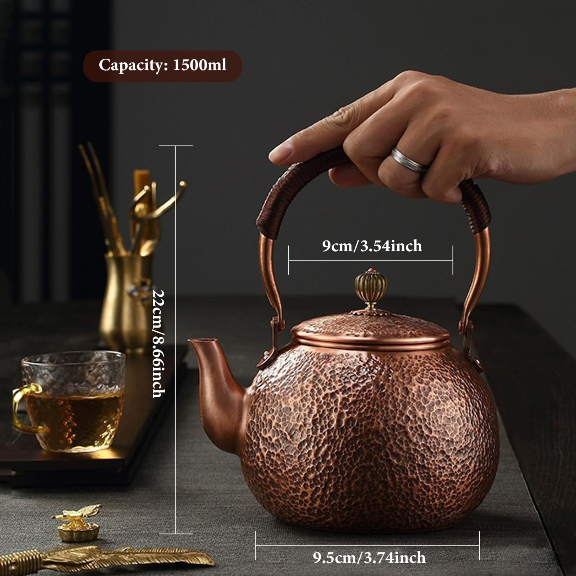 Tetera De Cobre, Tetera De Cobre Rojo De 1500 Ml con Mango Antideslizante, Tetera Martillada Vintage con Orificios para Filtro, Té para Tetera Superior De Estufa