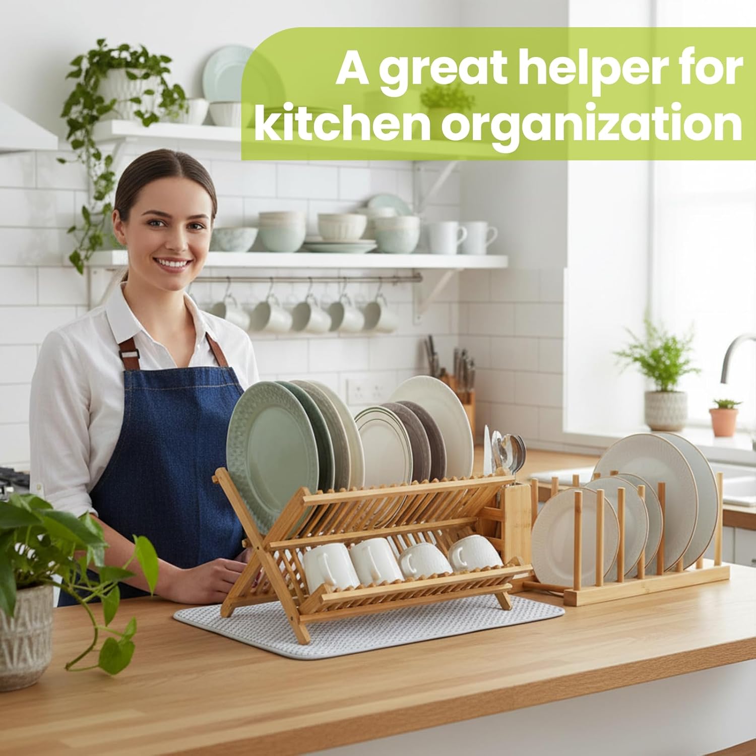 6 Pcs Dish Drying Rack Set 2 Tier Bamboo Collapsible Dish Rack with Utensil Holder Plate Holder and Mat for Kitchen Organizer, Cabinet Pot Lid, Bowl, Cup, Chopsticks, Utensils